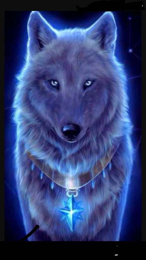 A mystical glowing wolf wearing a star pendant against a dark blue cosmic backdrop. — Galaxy Wolves Background