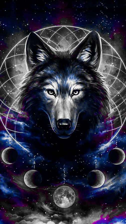 Ein Wolf mit leuchtenden Augen, umgeben von Monden und Sternen in einer kosmischen Szene. — Galaxy Wolves Bilder