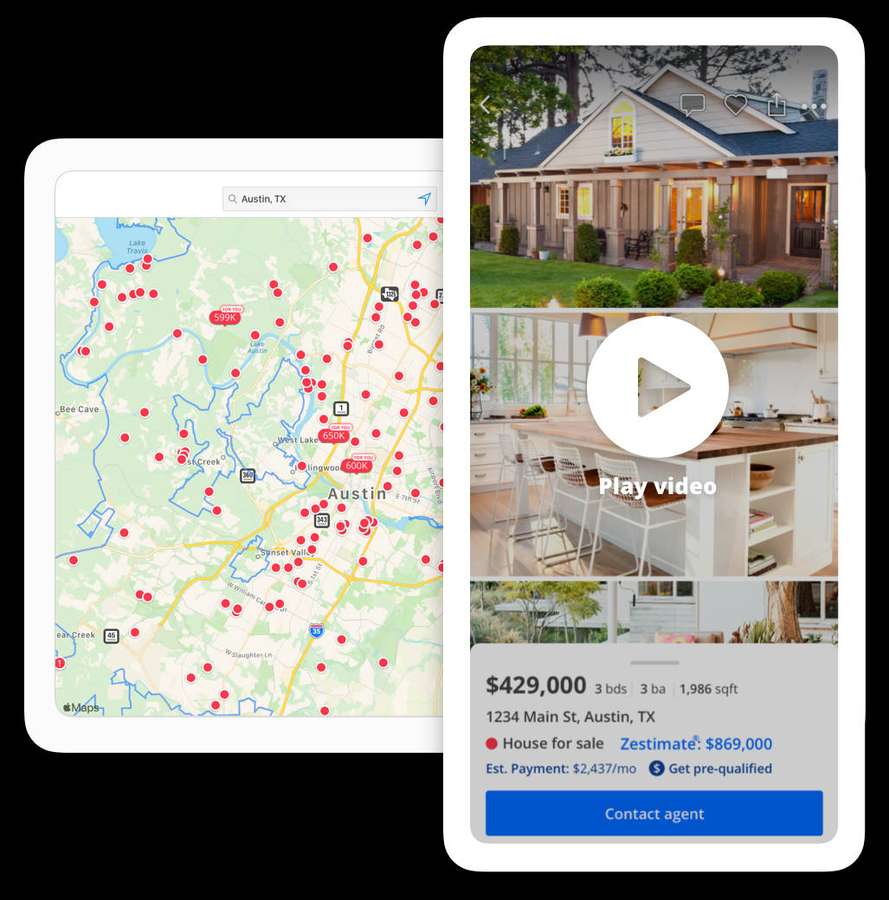 Aplicación inmobiliaria que muestra una casa en venta en Austin con mapa y fotos interiores. — Galería Fondos de pantalla
