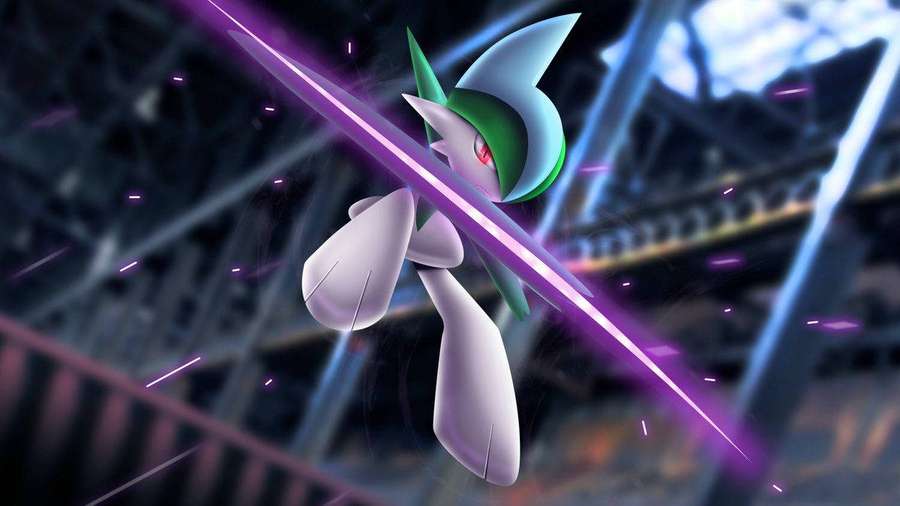 A white and green Pokémon slashes a glowing purple sword in a neon-lit arena. — Gallade Wallpaper