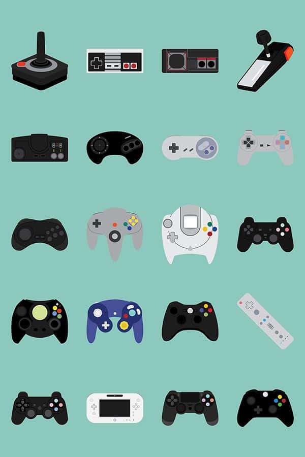 Collection of video game controllers from different eras displayed in a grid. — Game Console Emulators Wallpaper