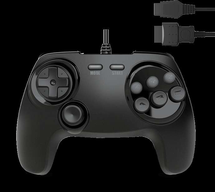 Black gaming controller with USB cables shown against black background. — Game Controllers PNG