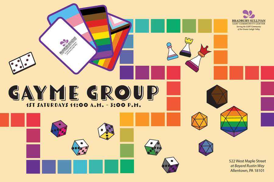 Gayme Group event poster with rainbow game pieces and community center info. — Game Night Background