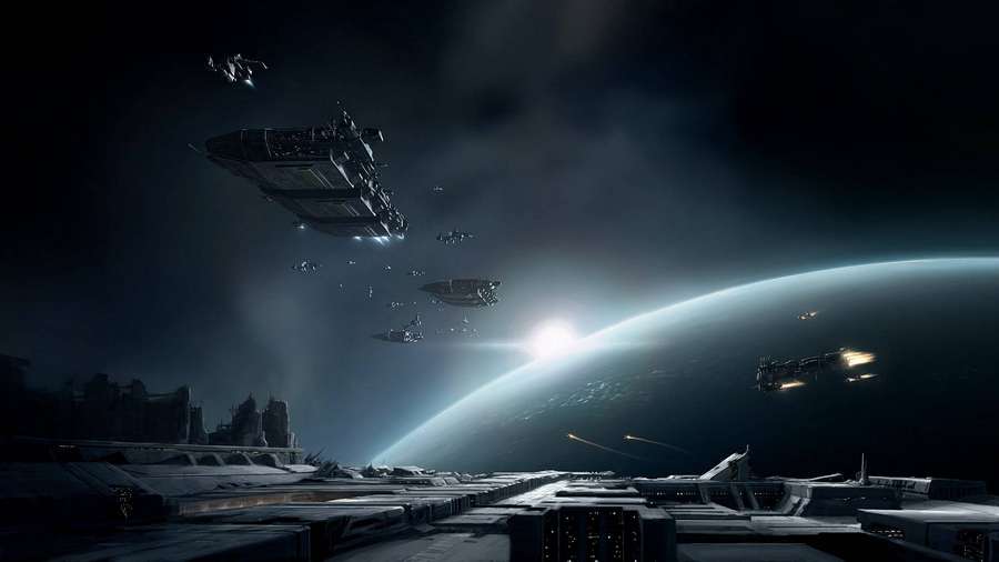 Astronavi futuristiche orbitano attorno a un pianeta luminoso sopra strutture cittadine in rovina all'alba. — Game Sfondi