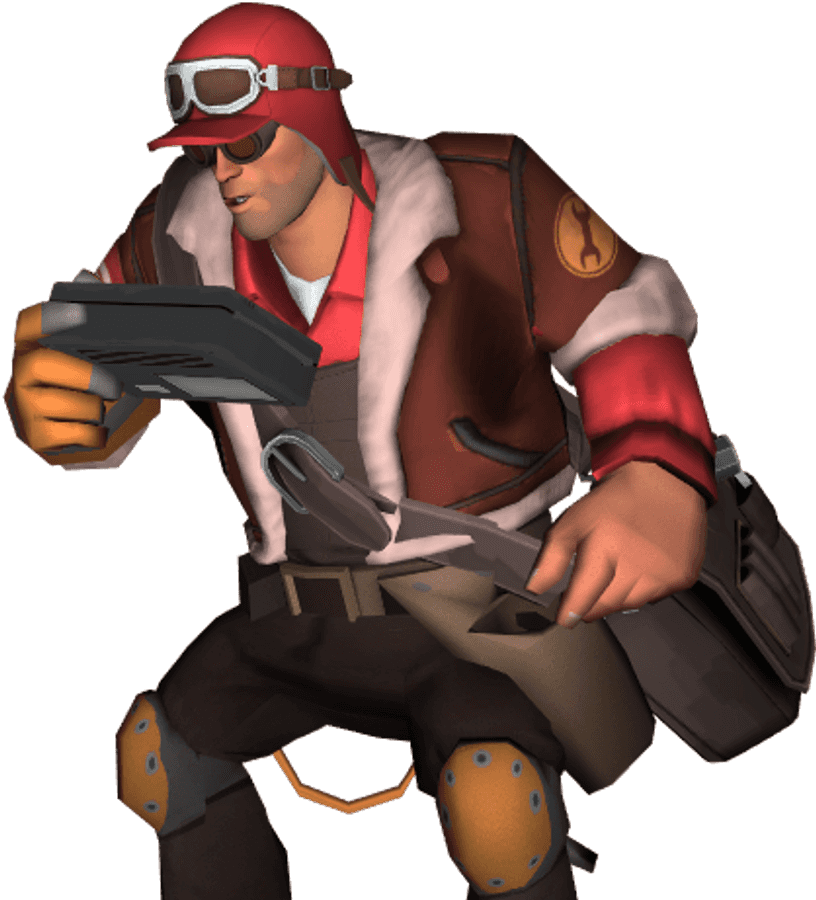A cartoon mechanic in red gear holding tools and crouching. — Gamecocks Wallpaper