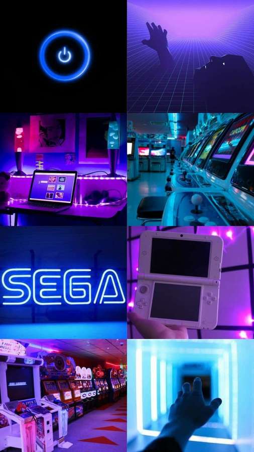 Neon-lit arcade room with Sega sign and retro gaming consoles glowing in purple and blue. — Gamer Aesthetic Wallpaper