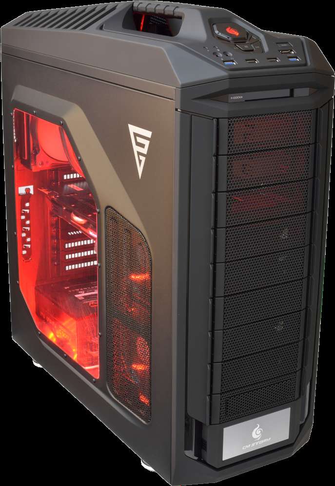 Black gaming computer case with red internal lighting and mesh panels. — Gaming Computer PNG