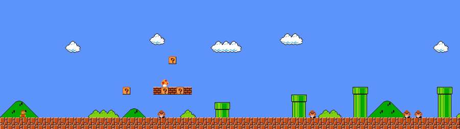 Pixeliges Super Mario-Spielszene mit Röhren, Ziegeln und Frageblöcken unter blauem Himmel — Gaming dualscreen Wallpaper