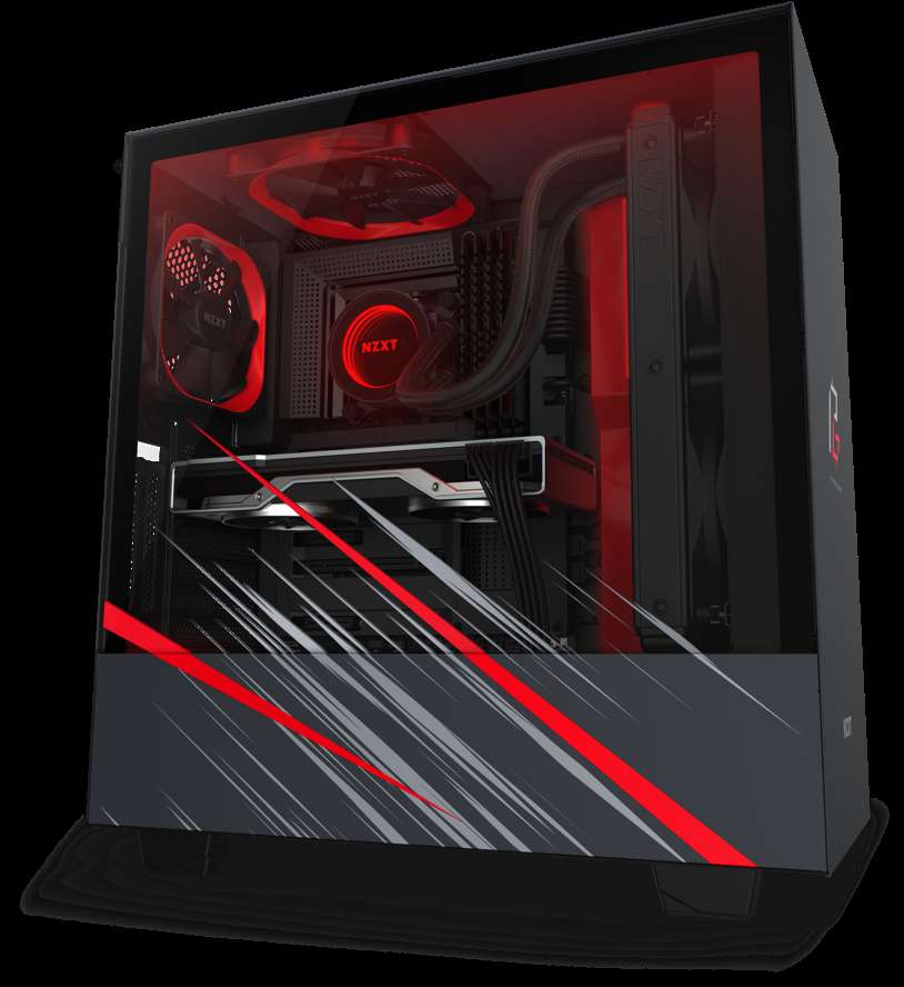 Case per PC gaming nero con illuminazione interna rossa e accenti diagonali rossi argento. — Gaming Sfondi