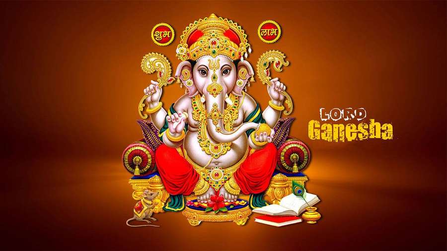 Lord Ganesha seated on a throne with mouse at his feet and sacred items around him. — Ganesh 3d Wallpaper