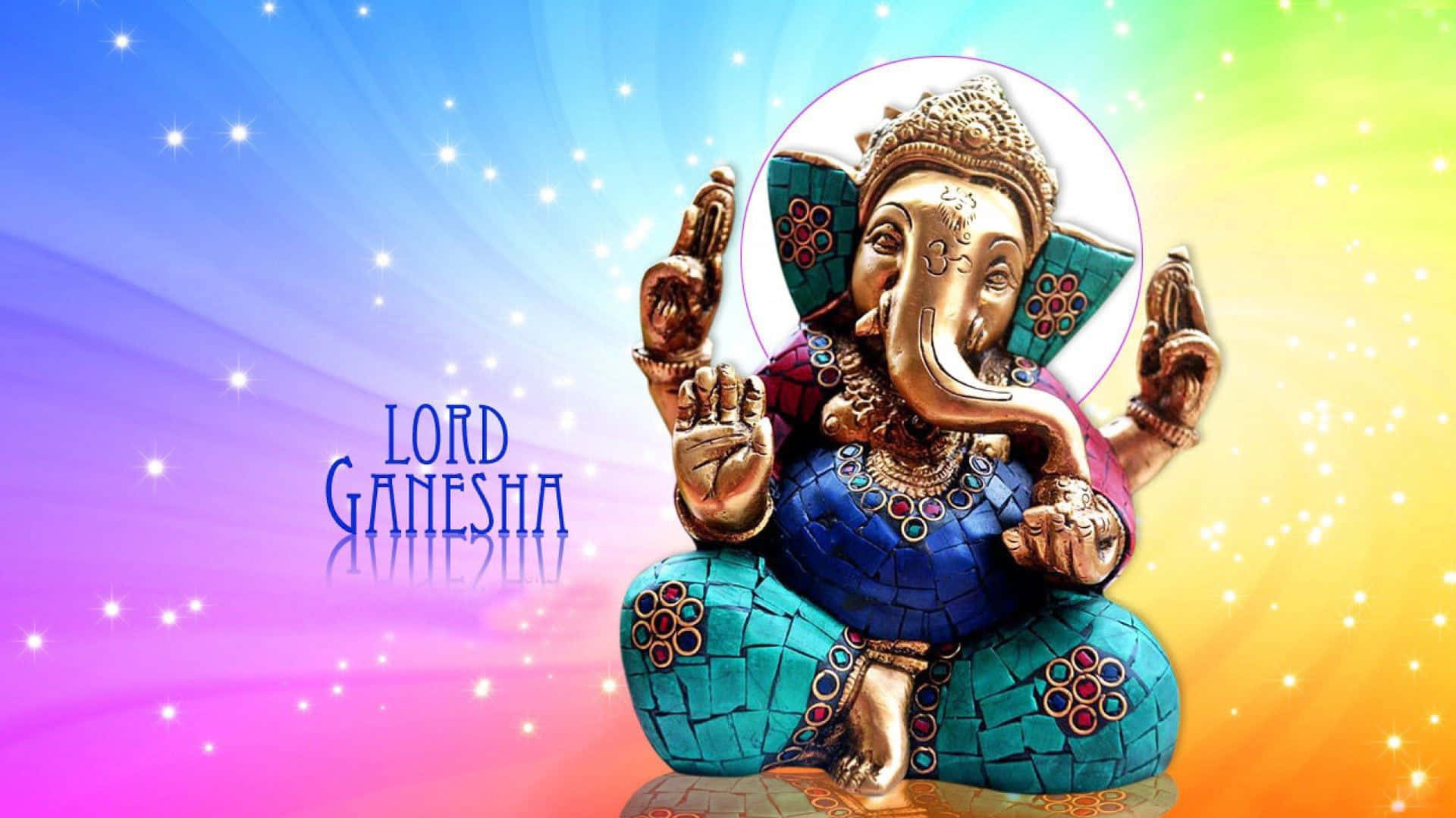 Gylden Ganesha-statue med blå mosaikbukser mod en regnbuehimmel med stjerner. — Ganesh iPhone Wallpapers