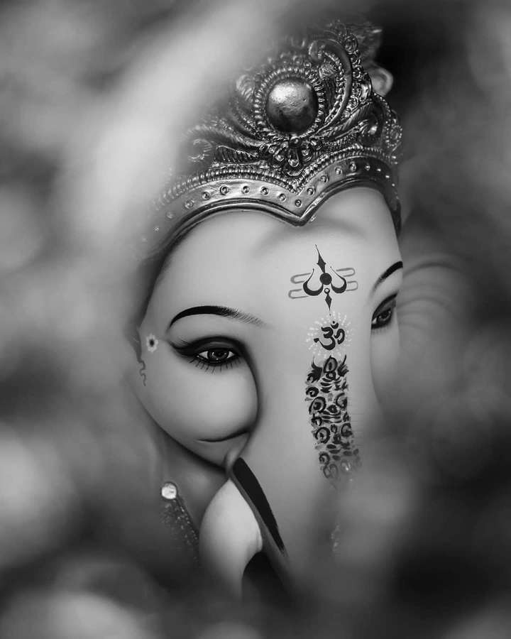 Close-up de Ganesha com tatuagens e coroa emoldurado por folhas suaves e desfocadas. — Ganesh preto e branco Papéis de Parede