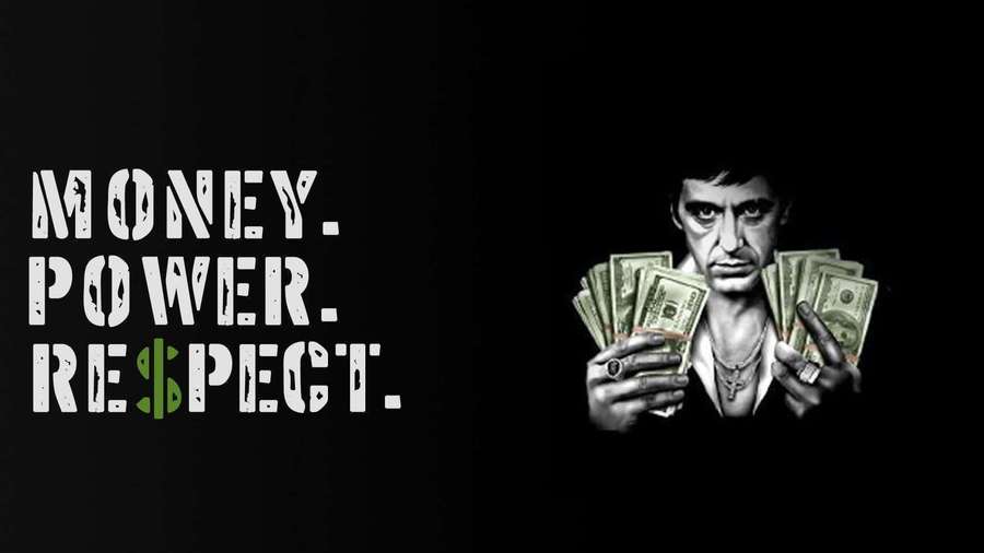 Man holding money with text money power respect — Gangster Background