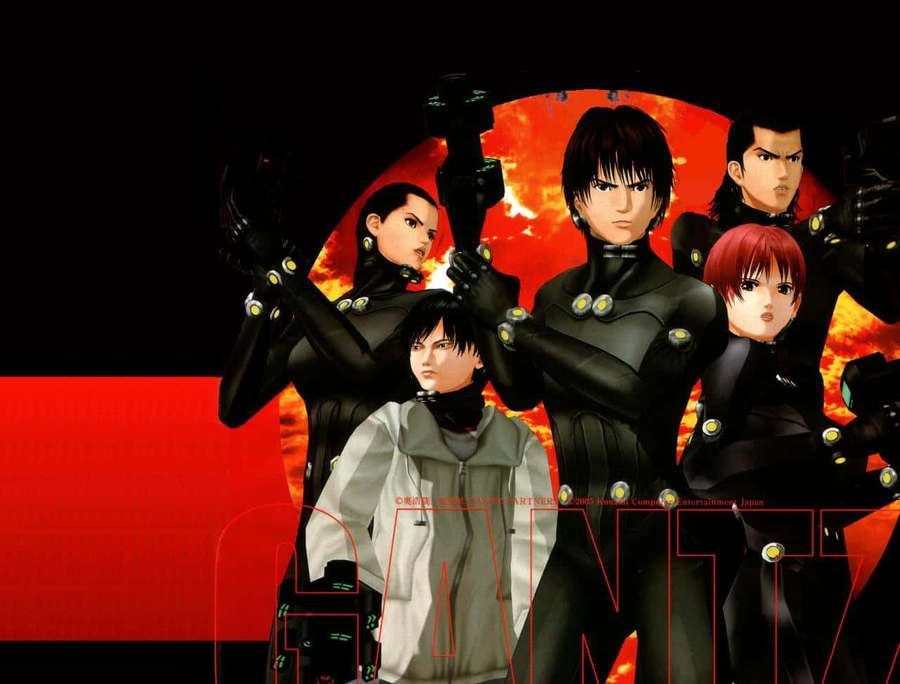 Six anime characters in black tactical gear pose against a fiery red background. — Gantz Background