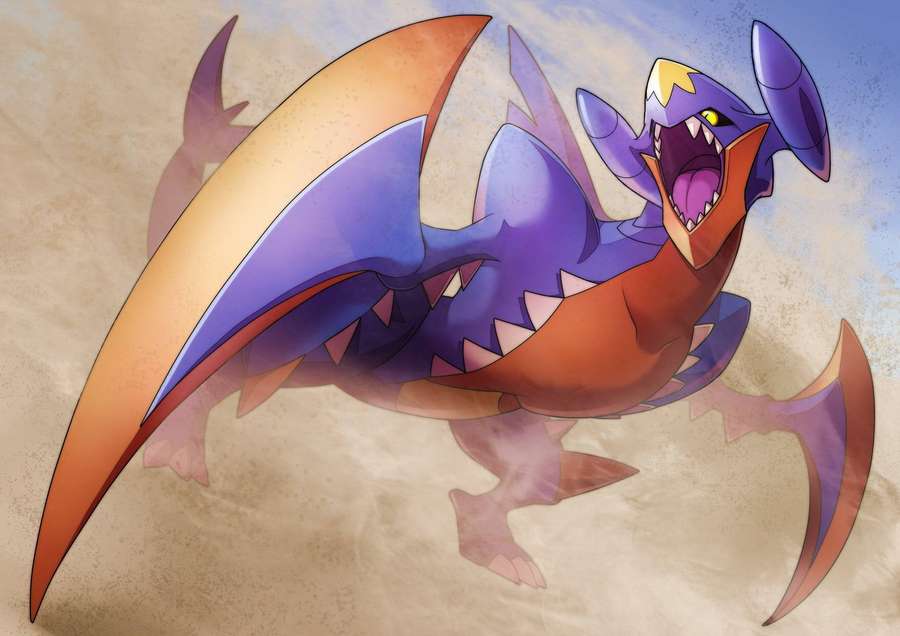 Ein brüllendes lila und orangefarbenes Drachen-Pokémon mit scharfen Zähnen und großen Flügeln. — Garchomp Bilder