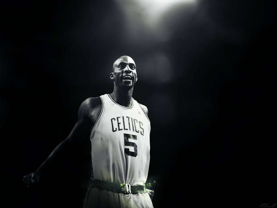 Basketball player in Celtics jersey celebrating under spotlight with green glow. — Garnett Picture