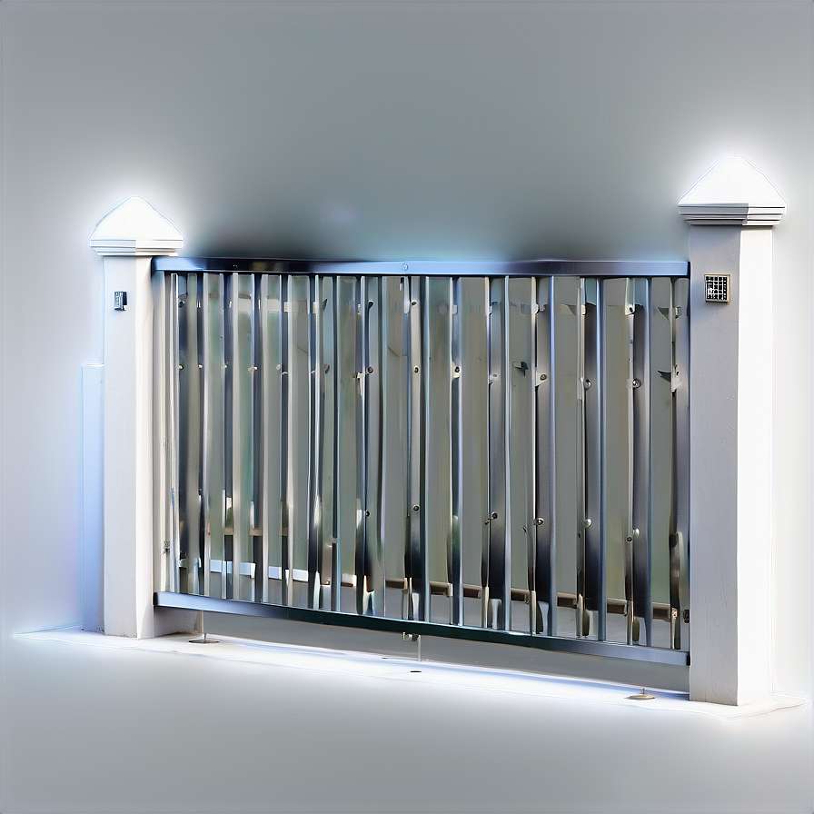 A modern metal gate with white pillars and blue lighting in a minimalist setting. — Gate PNG