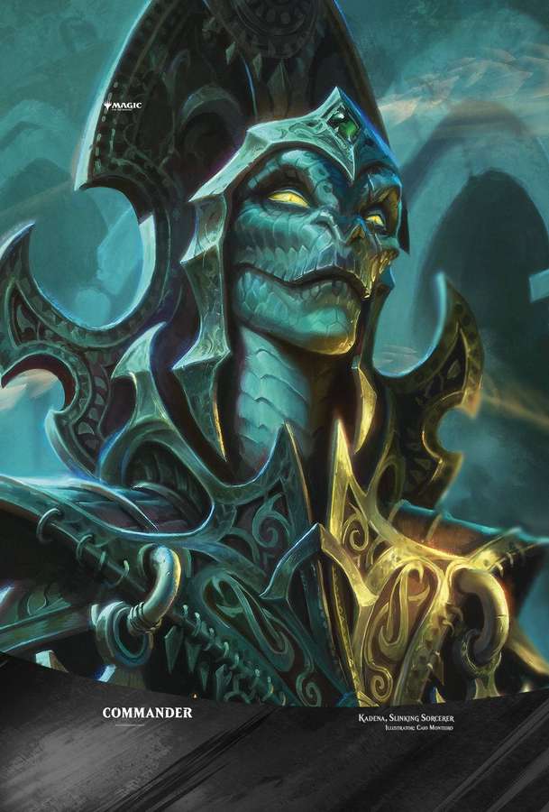 Fantasy sorcerer with glowing eyes and ornate armor in dark teal setting. — Gathering Picture