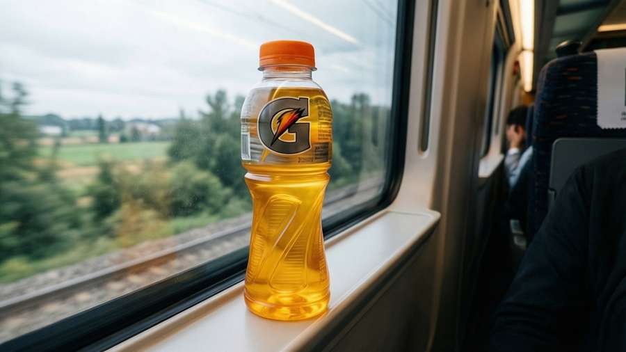 Gatorade bottle on a train window ledge with motion blur and passing scenery. — Gatorade Bottle Wallpaper