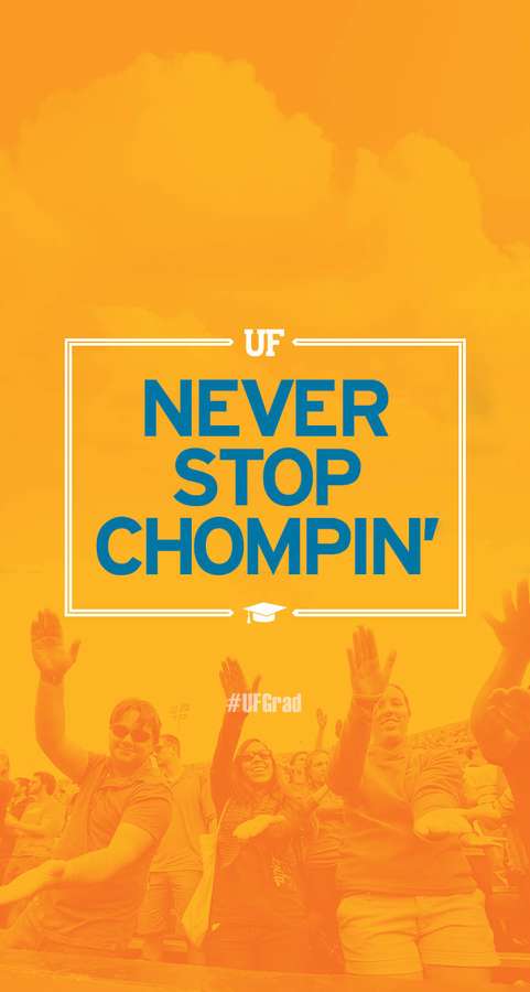 Graduates celebrate with raised hands under orange sky with 'Never Stop Chompin' text — Gators Background