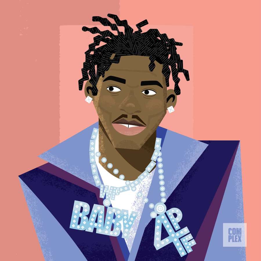 Man in blue jacket with pearl necklace and 'BABY' text. — Gee Money Background