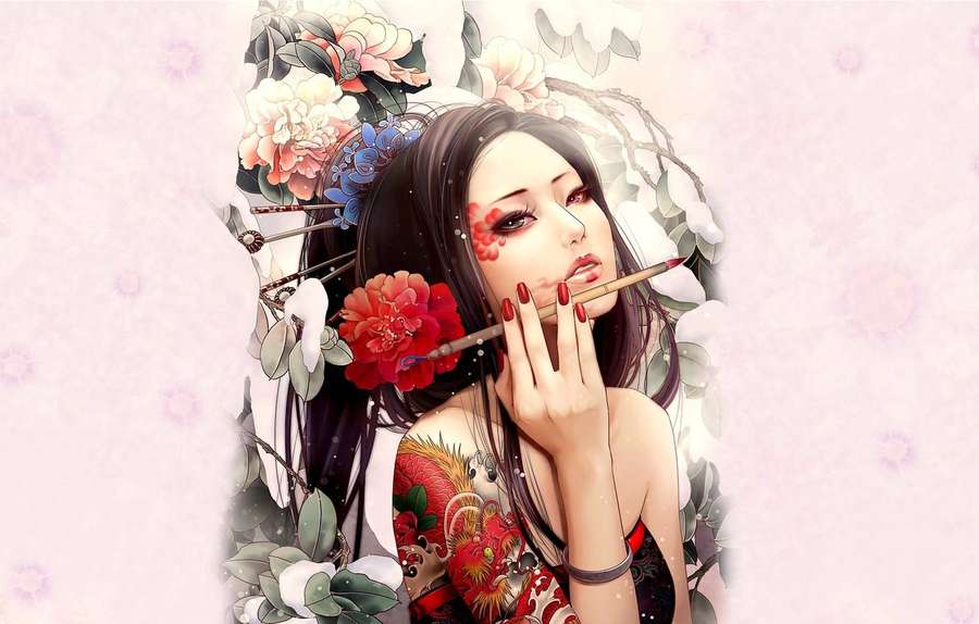 Anime girl with floral tattoos holding brush surrounded by blossoms. — Geisha Background