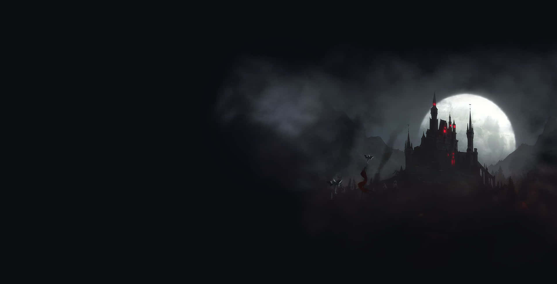 Kastil gotik dengan jendela merah di bawah bulan purnama di malam berkabut. — Gelap Vampire Wallpaper