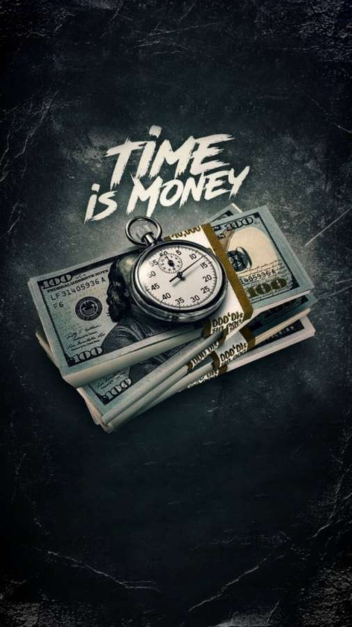 Stoppuhr auf Stapel Hundert-Dollar-Scheine mit 'TIME IS MONEY' Graffiti-Text. — Geld iPhone Wallpaper