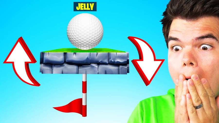 Mann schockiert über schwebendes Golfgrün mit Ball und Fahne. — Gelee YouTube Wallpaper