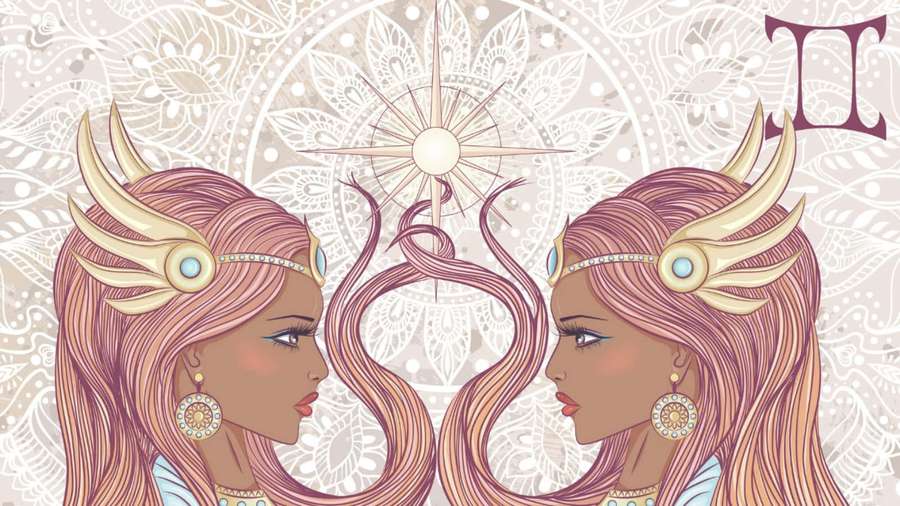 Two mirrored goddesses with horned headpieces and flowing hair against a decorative mandala pattern. — Gemini Picture