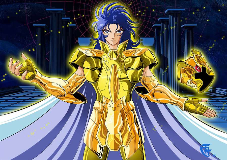 Anime-soturi kultaisessa haarniskassa sinisillä hiuksilla seisomassa tähtiyössä muinaisten pylväiden kanssa — Gemini Saga Taustakuvat