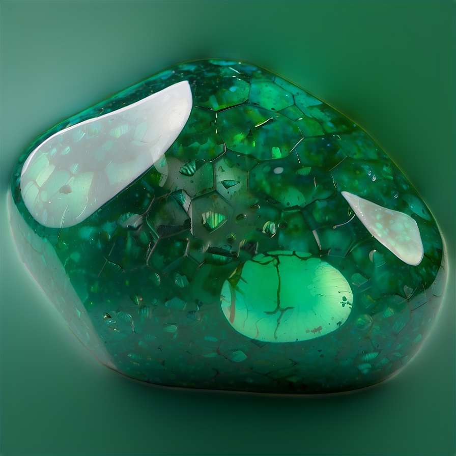 A glowing green gemstone with white inclusions and hexagonal fractures. — Gemstone PNG