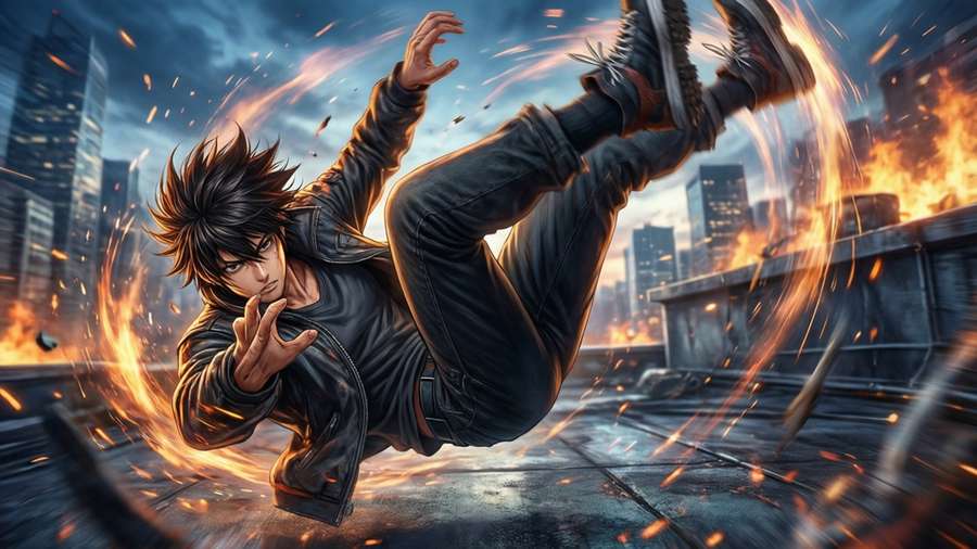 Gen Asagiri flipping mid-air during a rooftop battle with sparks and city lights. — Gen Asagiri Wallpaper