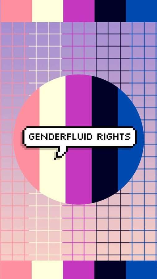 Pixel speech bubble with genderfluid rights text on a colorful grid background. — Gender Fluid Wallpaper