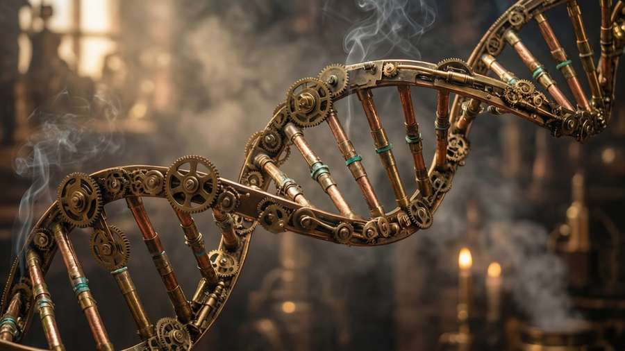 Steampunk DNA helix made of brass gears and mechanics. — Gene Wallpaper