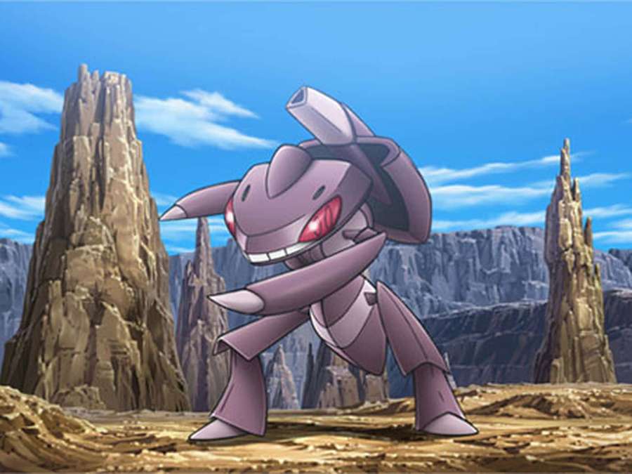 A purple anime Pokémon with red eyes stands in a rocky desert canyon under a blue sky. — Genesect Wallpaper