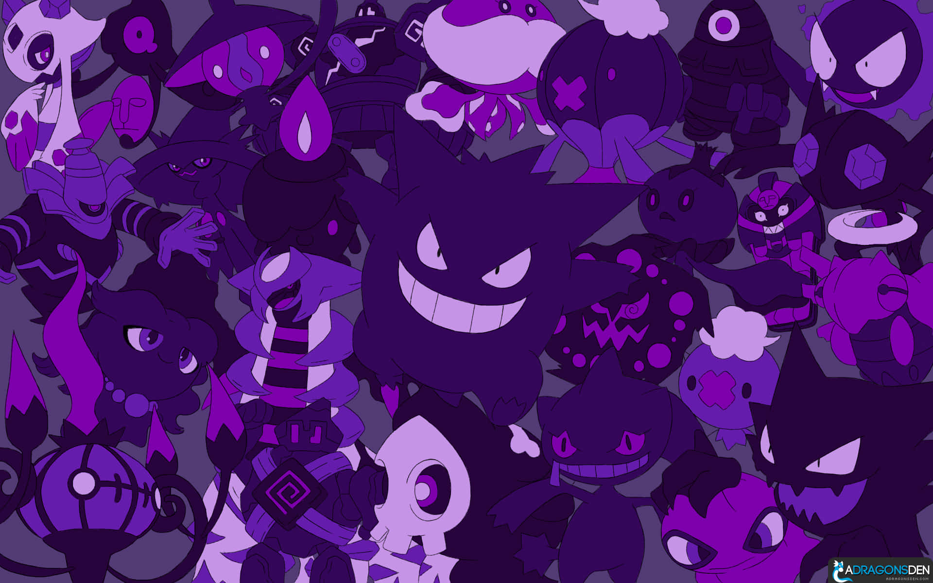 Ein lila-thematisiertes Pokémon-Wallpaper mit vielen Geister-Typ-Charakteren mit scharfen Augen und Grinsen. — Gengar Bilder