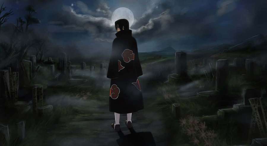 Animehahmo mustassa viitassa punaisilla pilvillä seisomassa sumuisella hautausmaalla täydenkuun alla. — Genjutsu Taustakuvat