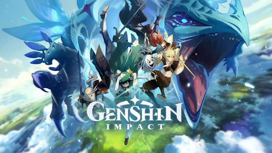 Anime game characters fighting giant dragons in a sky battle. — Genshin Background
