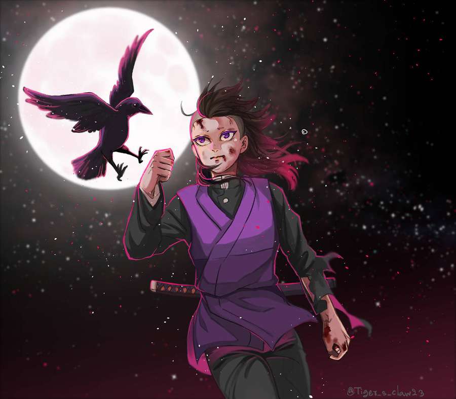 Guerreiro de anime com olhos roxos e rosto ensanguentado correndo sob uma lua cheia com um corvo voando ao lado. — Genya Papéis de Parede