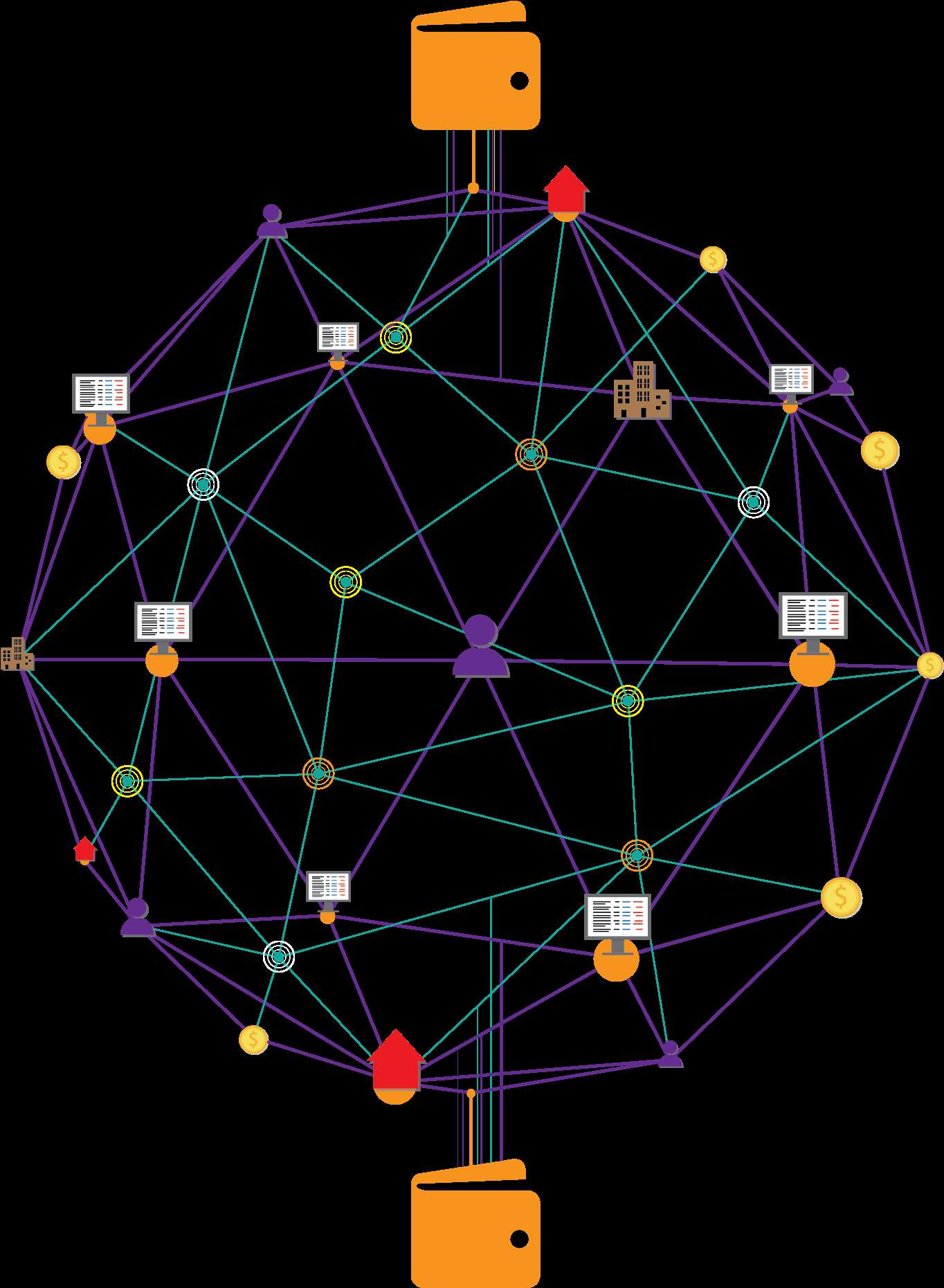 A colorful network of financial and business icons connected in a sphere. — Geometric PNG