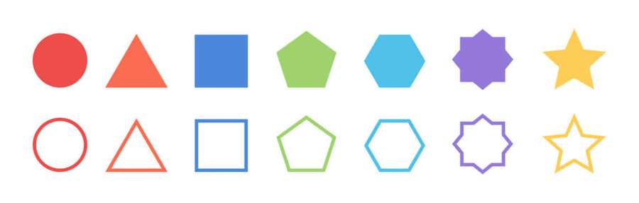 Grid of colorful geometric shapes with solid and outlined versions. — Geometric Shape Picture