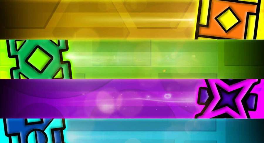 Abstract digital art with glowing geometric shapes in rainbow colors across horizontal bands. — Geometry Dash Background