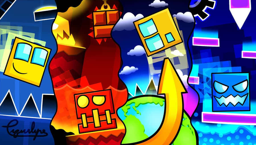 Schwebende cartoonartige Blockcharaktere mit Gesichtern in einer farbenfrohen digitalen Landschaft. — Geometry Dash Bilder