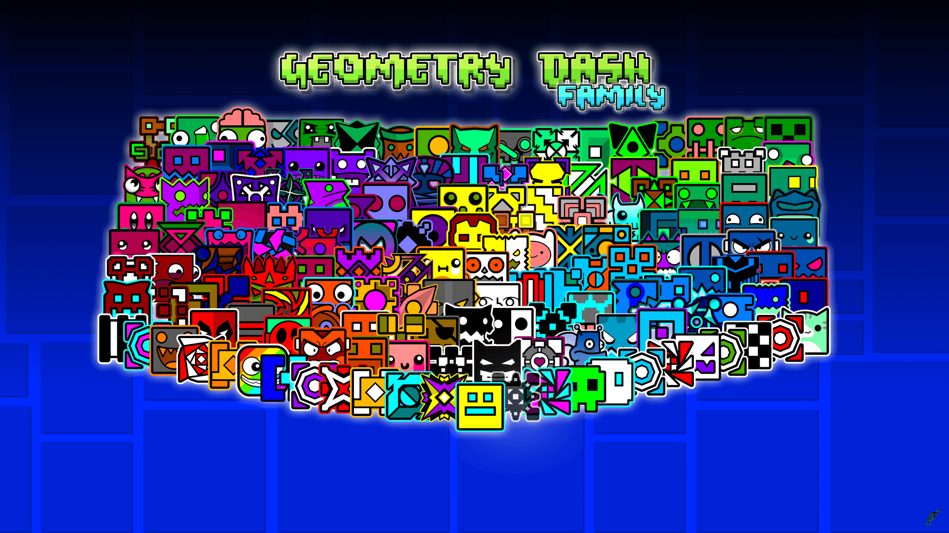 Geometry Dash Family characters arranged in a keyboard shape on a blue background. — Geometry Dash Wallpaper