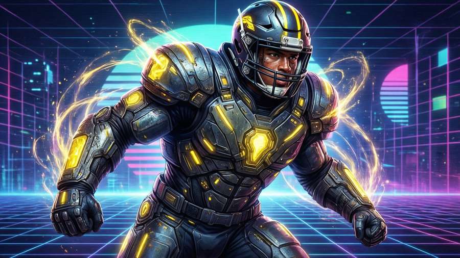 Futuristic cyberpunk version of George Pickens with armored suit and neon background. — George Pickens Picture