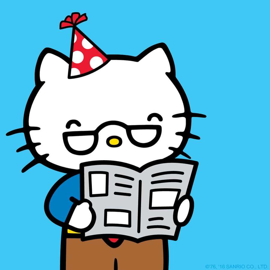 Hello Kitty wearing a party hat and glasses reading a newspaper. — George White Wallpaper