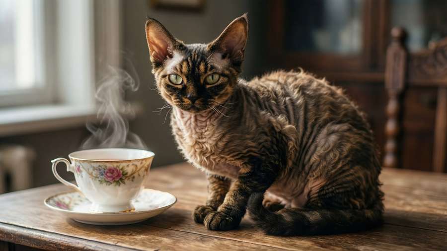 German Rex cat sitting next to teacup on wooden table. — German Rex Picture