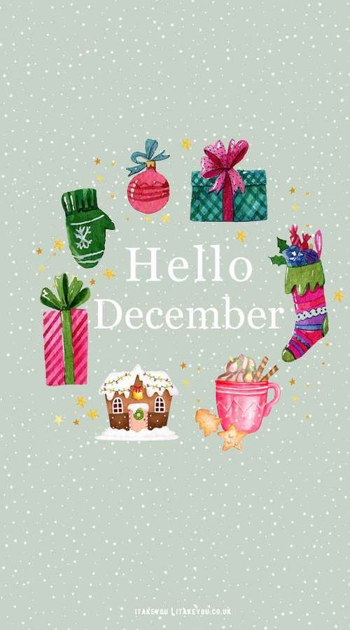 Festliche Aquarell-Weihnachtsartikel mit Geschenken, Handschuhen und Lebkuchenhaus auf verschneitem Hintergrund. — Geschenke Wallpaper
