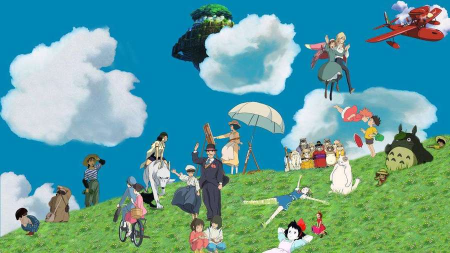 Eine farbenfrohe Anime-Szene mit Ghibli-Charakteren auf einem grasbewachsenen Hügel unter einem blauen Himmel mit Wolken. — Ghibli Wallpaper